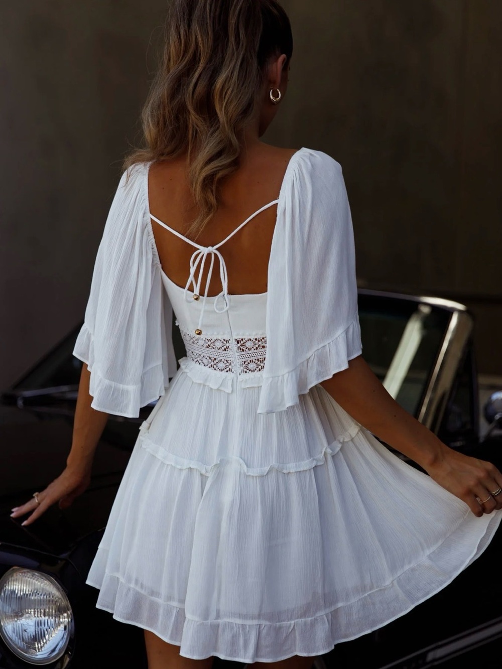 #95 Selfie Leslie White V-Neck Lace Trim Mini Dress with Flutter Sleeves - Picture 2 of 5